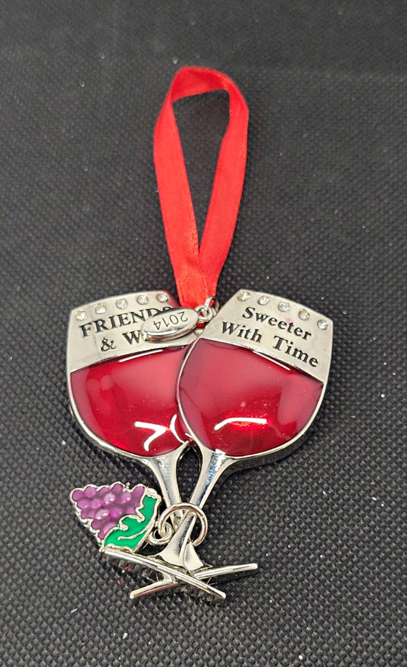 2014 Metal Wine Glass Hanging Christmas Ornament Friends & Wine Red Silver